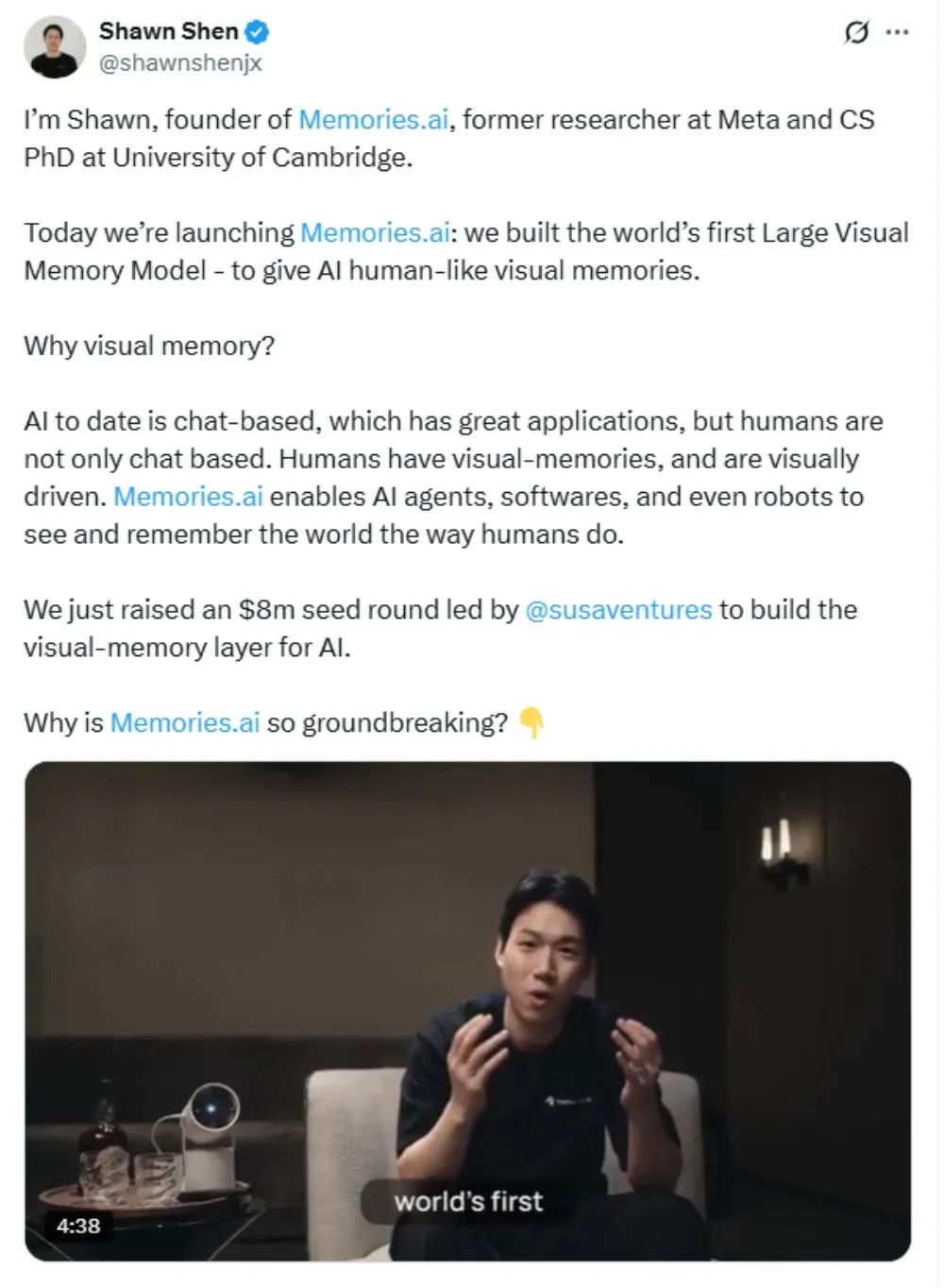 99后华人科学家创业,掏出全球首个视觉记忆大模型,无限上下文,已获三星投资