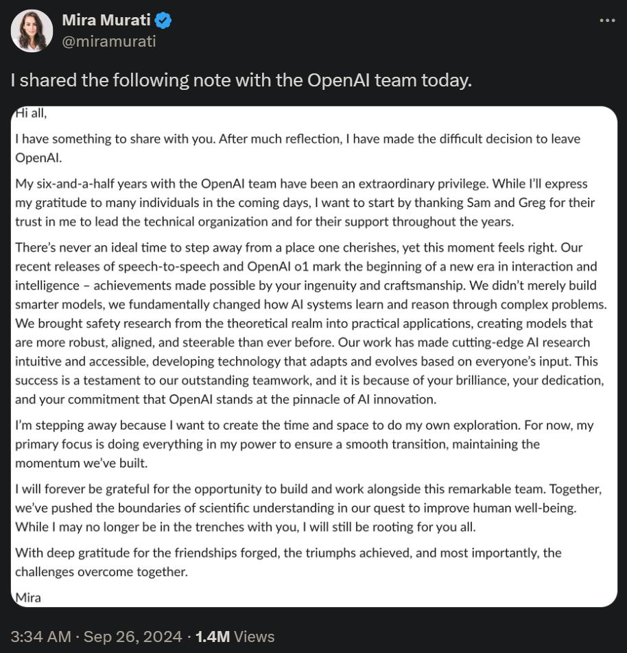 OpenAI CTO Mira Murati离职,高层动荡继续