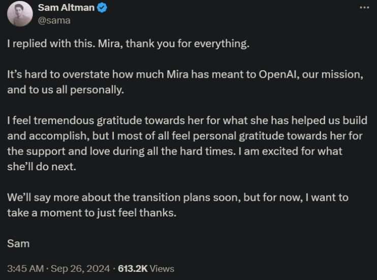 OpenAI CTO Mira Murati离职,高层动荡继续
